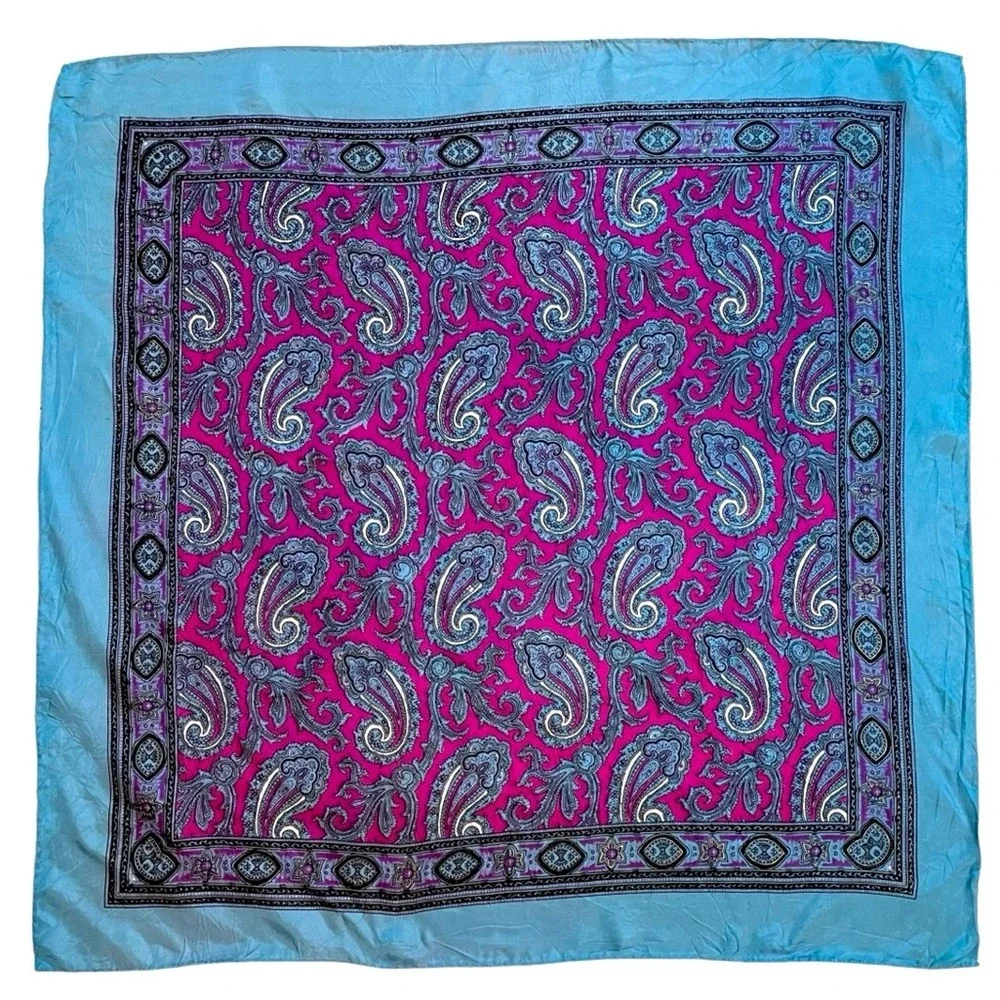 Vintage Paisley Square Scarf Womens Magenta Blue Boho Eclectic Classic Retro